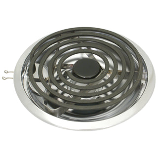 Canning element inside large style a chrome drip bowl on white background.