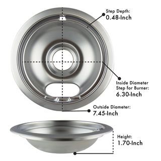 Style A Chrome Plated Drip Bowls with measurements on a white background