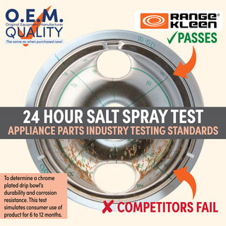 Chrome plated drip bowl with salt spray test information and Range Kleen branding.