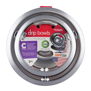 Style C Heavy Duty Chrome Drip Bowls with a label on a white background