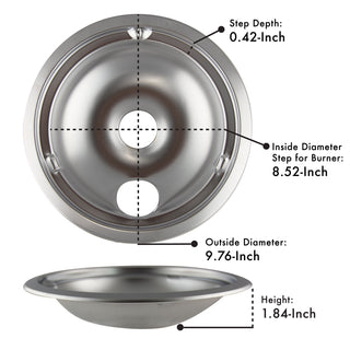 Style C Heavy Duty Chrome Drip Bowls with measurements labeled on a white background
