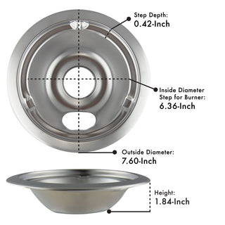 Style C Heavy Duty Chrome Drip Bowls with measurements labeled on a white background