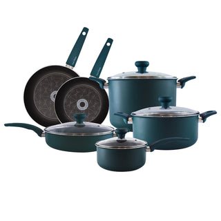 A 10-piece non-stick aluminum cookware set including a stock pot with lid, saucepan with lid, sauté pan with lid, dutch oven with lid and two fry pans, all in sea green color with sea green handles.