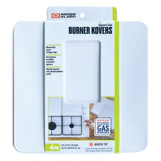 Four pack white square metal burner covers in packaging for gas stoves