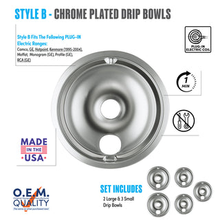 style b 5 pack 2 large and 3 small chrome plated drip bowl fit list, made in usa, easy to change out, no tools required, oem quality, plug in electric coil stove types