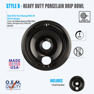style b 1 small heavy duty porcelain drip bowl fit list, made in usa, easy to change out, no tools required, oem quality, plug in electric coil stove types