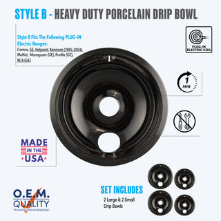 style b 4 pack 2 small and 2 large heavy duty porcelain drip bowl fit list, made in usa, easy to change out, no tools required, oem quality, plug in electric coil stove types