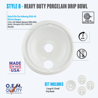 style b 4 pack 1 large and 3 small heavy duty white porcelain drip bowl fit list, made in usa, easy to change out, no tools required, oem quality, plug in electric coil stove types