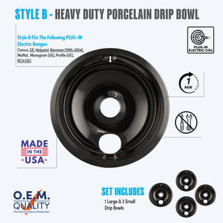 style b 4 pack 3 small and 1 large heavy duty porcelain drip bowl fit list, made in usa, easy to change out, no tools required, oem quality, plug in electric coil stove types