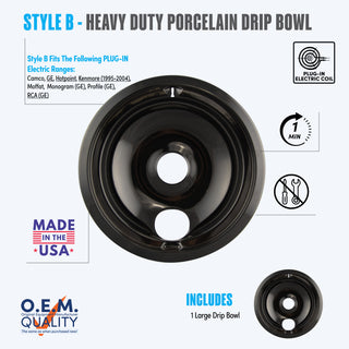 style b 1 large heavy duty porcelain drip bowl fit list, made in usa, easy to change out, no tools required, oem quality, plug in electric coil stove types