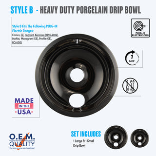 style b 2 pack 1 small and 1 large heavy duty porcelain drip bowl fit list, made in usa, easy to change out, no tools required, oem quality, plug in electric coil stove types
