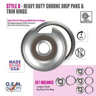 style d 8 pack 1 large and 3 small of each heavy duty chrome trim rings and drip pans fit list, made in usa, easy to change out, no tools required, oem quality, hinged electric coil stove types