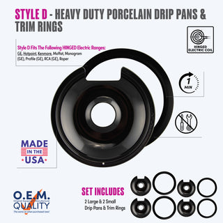style d 8 pack 2 large and 2 small of each heavy duty black porcelain drip pans and trim rings fit list, made in usa, easy to change out, no tools required, oem quality, hinged electric coil stove types