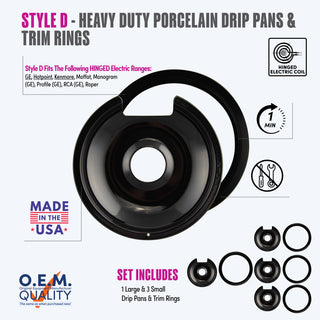 style d 8 pack 1 large and 3 small of each heavy duty black porcelain drip pans and trim rings fit list, made in usa, easy to change out, no tools required, oem quality, hinged electric coil stove types