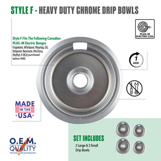 style f 4 pack 2 large 2 small heavy duty chrome drip bowl fit list, made in usa, easy to change out, no tools required, oem quality, plug in electric coil stove types