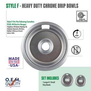 style f 2 pack 1 large 1 small heavy duty chrome drip bowl fit list, made in usa, easy to change out, no tools required, oem quality, plug in electric coil stove types