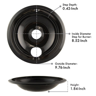 Style B Heavy Duty Black Porcelain Drip Bowls with measurements labeled on a white background