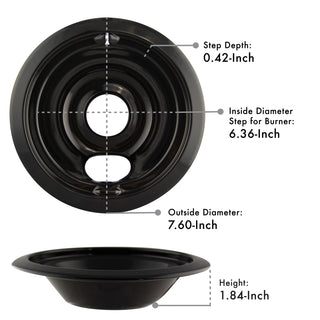 Style B Heavy Duty Black Porcelain Drip Bowls with measurements labeled on a white background