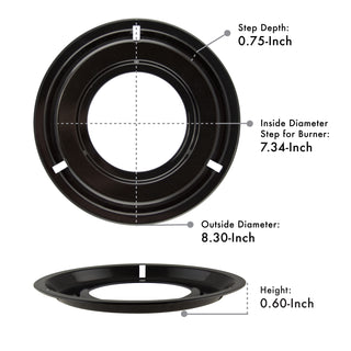 Style G Heavy Duty Black Porcelain Drip Pan with measurements labeled on a white background