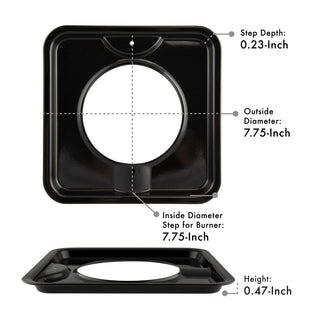 Style I Heavy Duty Porcelain Drip Pan black with measurements labeled