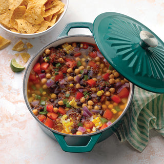 Colorful vegetable stew in Taste of Home 5-Quart Enameled Cast Iron Dutch Oven w/Self-Basting Lid