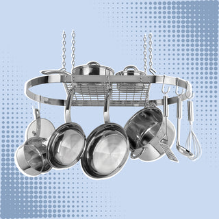 oval hanging pot rack with pots, lids and tools hanging