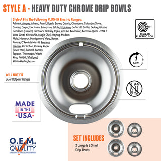 A product information graphic for Style A heavy duty chrome drip bowls with icons of plug-in electric coil drip bowl, with smaller inset images showing what is included in set