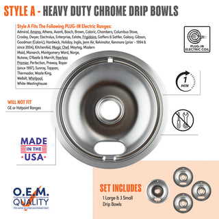 A product information graphic for Style A heavy duty chrome drip bowls with icons of plug-in electric coil drip bowl, with smaller inset images showing what is included in set