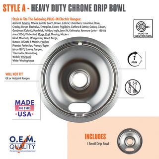 A product information graphic for Style A heavy duty chrome drip bowls with icons of plug-in electric coil drip bowl, with smaller inset images showing what is included in set