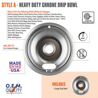 A product information graphic for Style A heavy duty chrome drip bowls with icons of plug-in electric coil drip bowl, with smaller inset images showing what is included in set