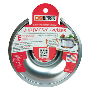 Style E Heavy Duty Chrome Drip Pans in Range Kleen packaging on a white background