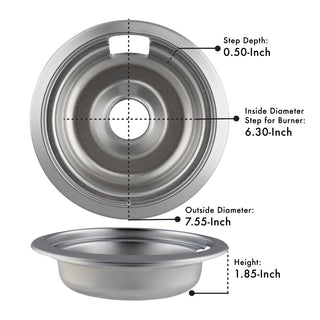 Style F Heavy Duty Chrome Drip Bowls with labeled dimensions on a white background