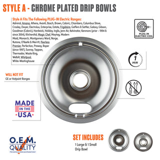 A product information graphic for Style A chrome-plated drip bowls. The main image shows a large drip bowl, with smaller views of one small and one large drip bowl at the bottom right.
