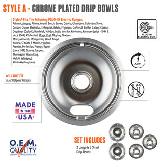 A product information graphic for Style A chrome-plated drip bowls. The main item shown is a drip bowl, with smaller depictions of additional drip bowls, a plug-in electric coil, and text listing included items and compatible electric ranges.