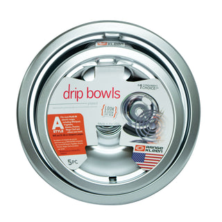 Style A Chrome Plated Drip Bowls with Klean brand label on a white background