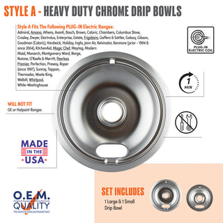 A product information graphic for Style A heavy duty chrome drip bowls with icons of plug-in electric coil drip bowl, with smaller inset images showing what is included in set