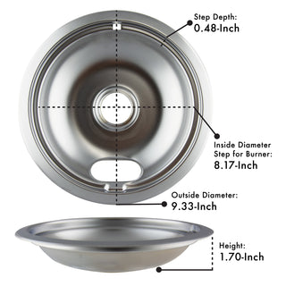 Style A Heavy Duty Chrome Drip Bowls with measurements labeled on a white background
