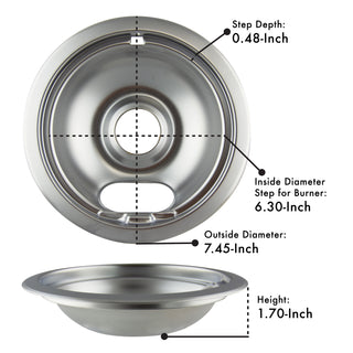 Style A Heavy Duty Chrome Drip Bowls with measurements labeled on a white background