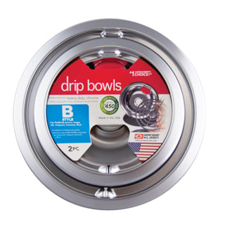 Style B Heavy Duty Chrome Drip Bowls with brand label on a white background