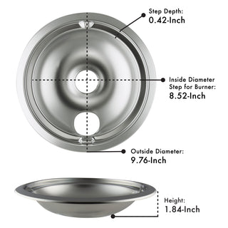 Style B Heavy Duty Chrome Drip Bowls with measurements labeled on a white background