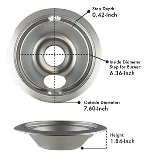 Style B Heavy Duty Chrome Drip Bowls with labeled measurements on a white background