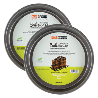 Two pack 9-inch nonstick round cake pans with packaging on white background.