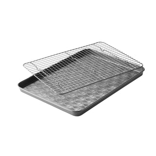 18 x 13-inch nonstick metal baking sheet with nonstick 17.5 x 12.5-inch cooling rack on white background