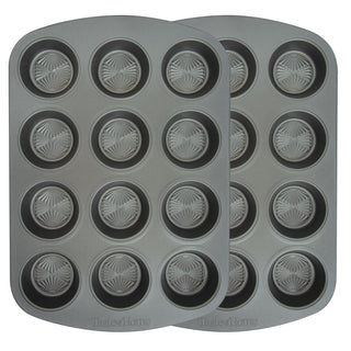 two pieces of Taste of Home Nonstick Metal Muffin and Cupcake Pan on white background