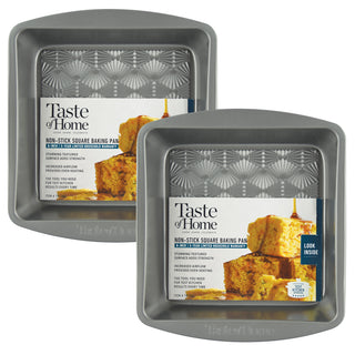 Two pieces 8-Inch Non-Stick Metal Square Baking Pan with 'Taste of Home' packaging featuring a cake image on a white background.