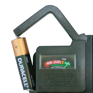 Battery tester with a Duracell battery inserted, on a white background
