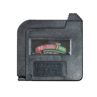 Black battery tester with a display on a white background