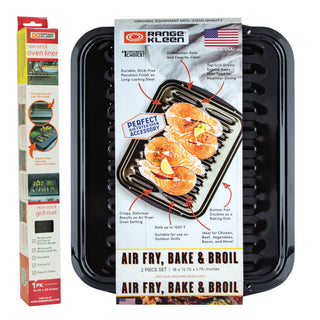 Oven liner and air fry bake and broiler pan in packaging on white background