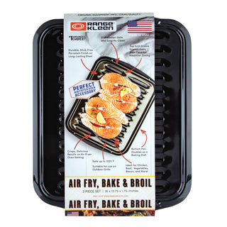 Black air fry, bake, and broil pan with packaging on a white background