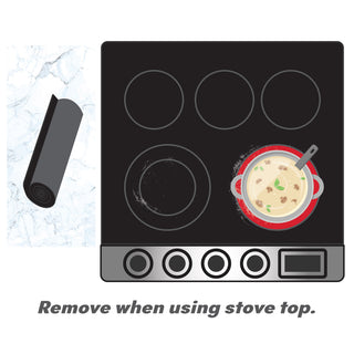 stove top illustration showing protective mat rolled to the side while the stove is in use. 